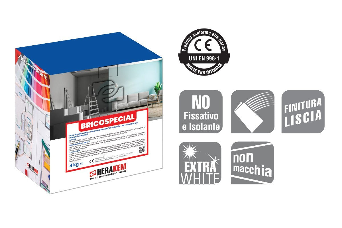 Rasante Muro Ultrabianco HERAKEM BRICOSPECIAL 5Kg Stucco Lisciatura Muri Interni