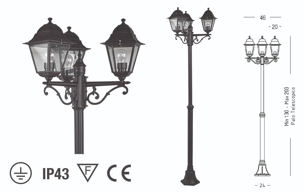 Lampione 3 Luci Lanterne CHARME Palo Telescopico H103-203cm Nero Giardino VBS