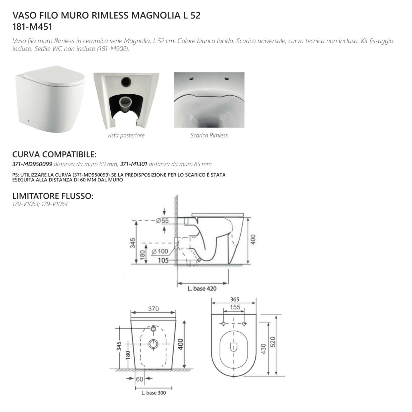 Sanitari Filo Muro LINPHA MAGNOLIA Rimless Vaso WC Bagno Bidet Copri Water D.X