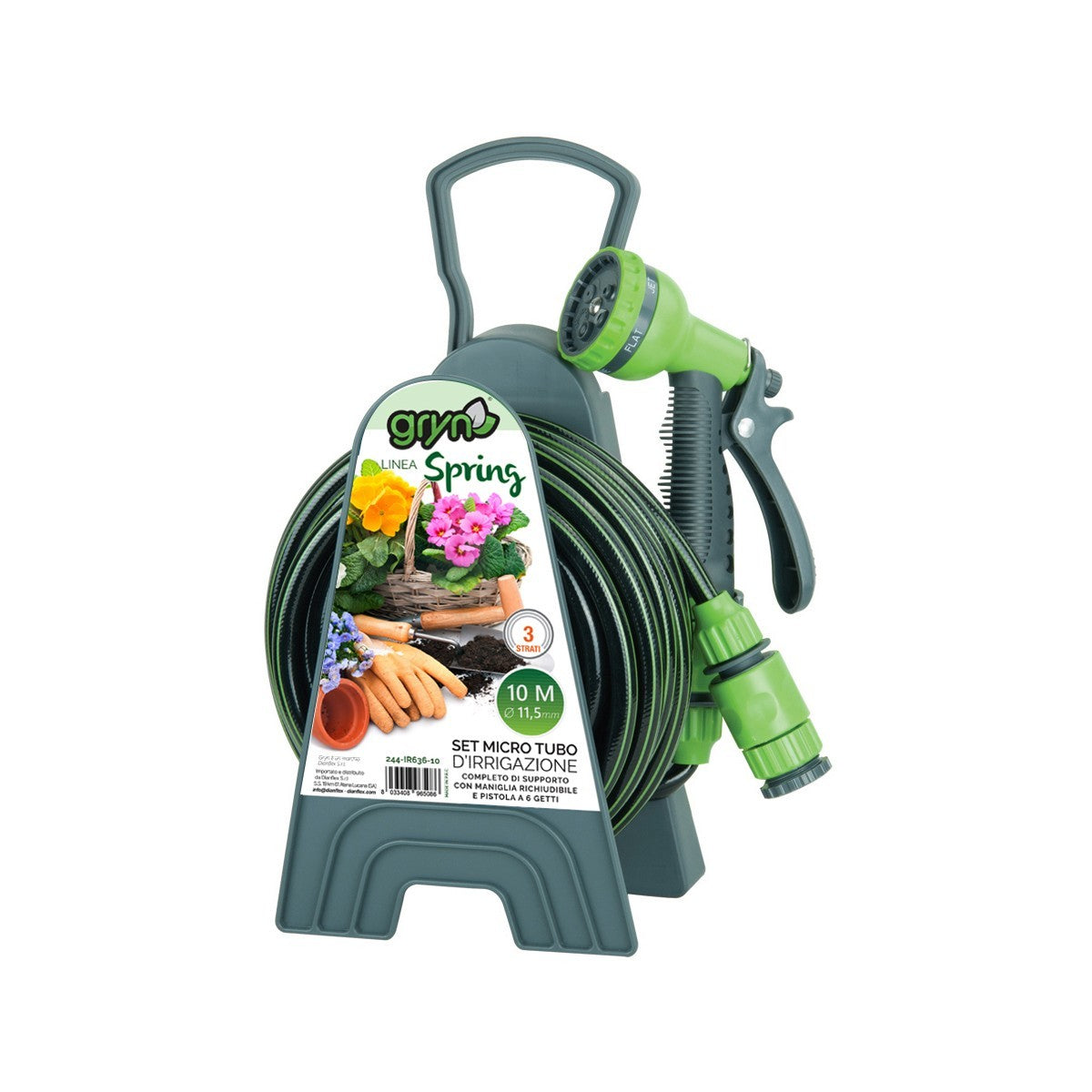 Set Micro Tubo Irrigazione 11 mm 10 Mt Pistola 6 Getti Avvolgitubo Spring D.X