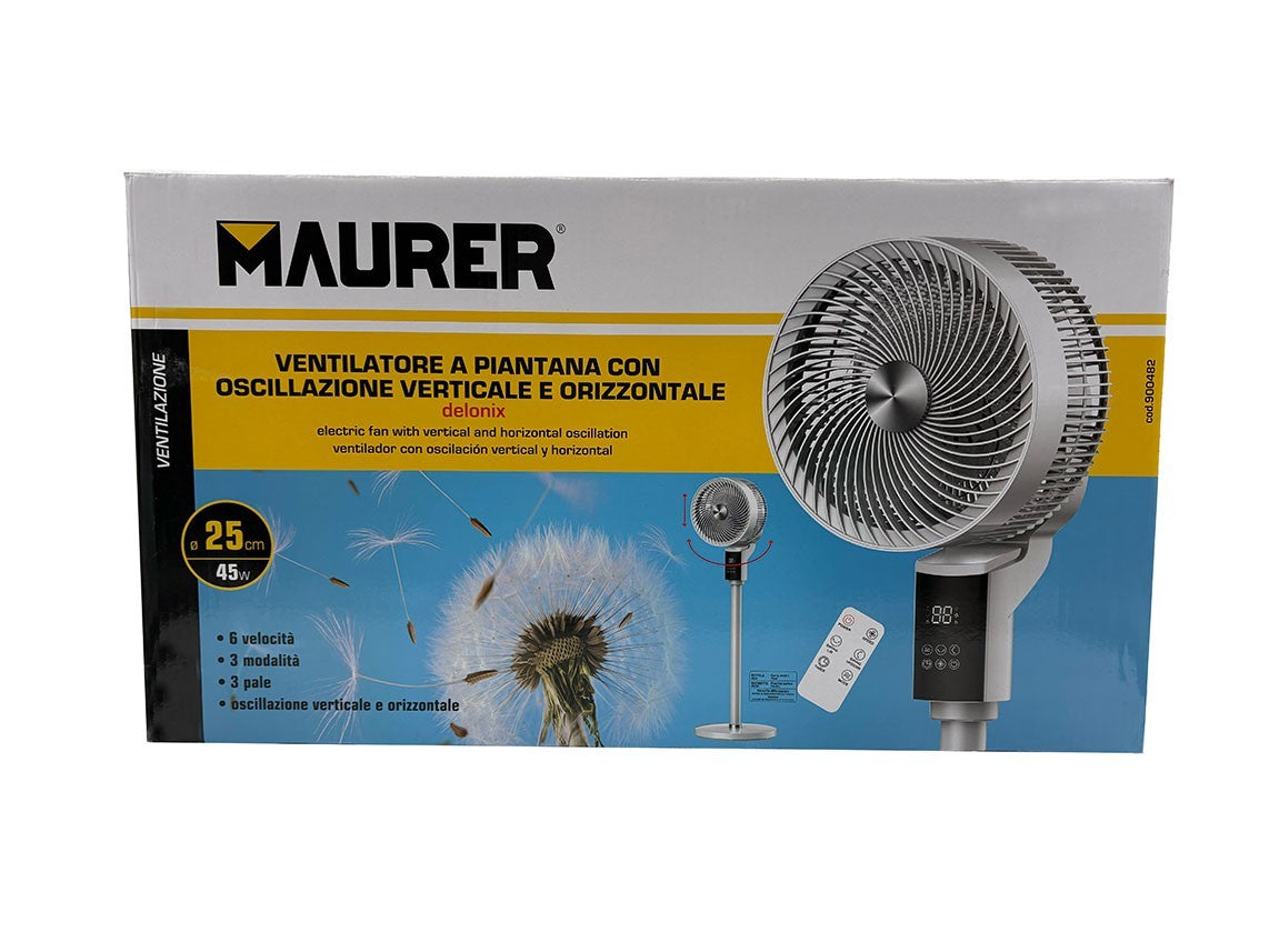 VENTILATORE PIANTANA 25CM 45W OSCILLAZIONE 3D TELECOMANDO TIMER SILENZIOSO VBS