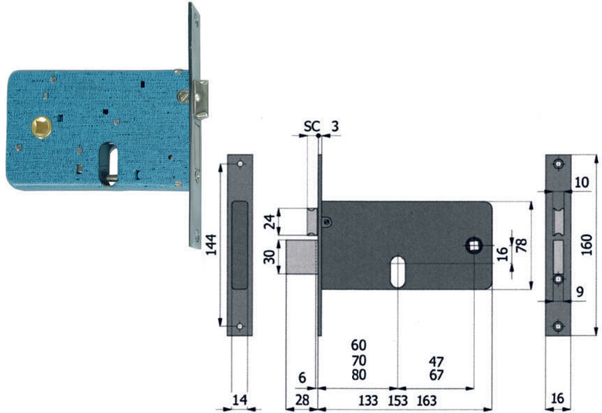 SERRATURA DA INFILARE PER FASCE CATENACCIO E SCROCCO MM.78 H 870 MM 70