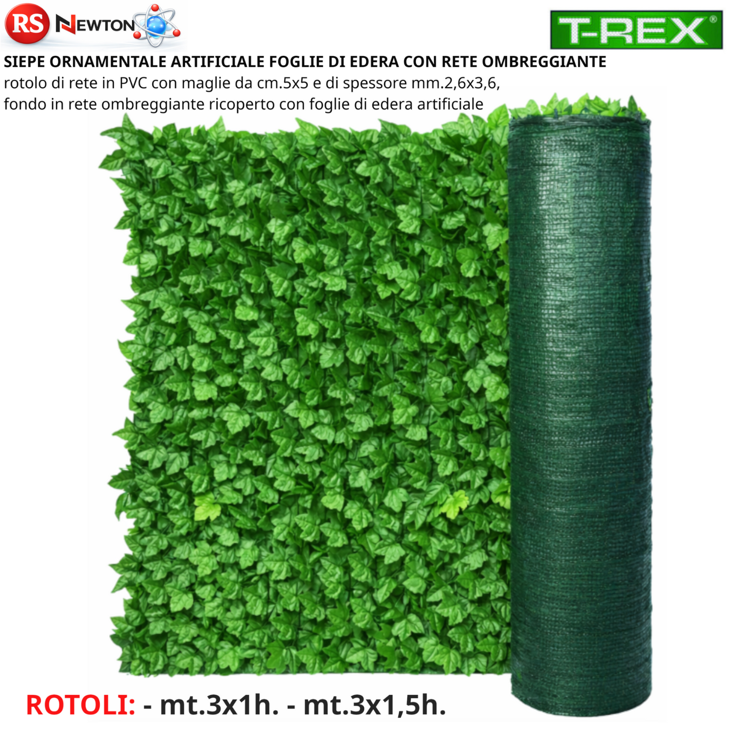 Siepe Artificiale Frangivista Foglie Di EDERA Con Rete Ombreggiante 3mt Pvc G.F