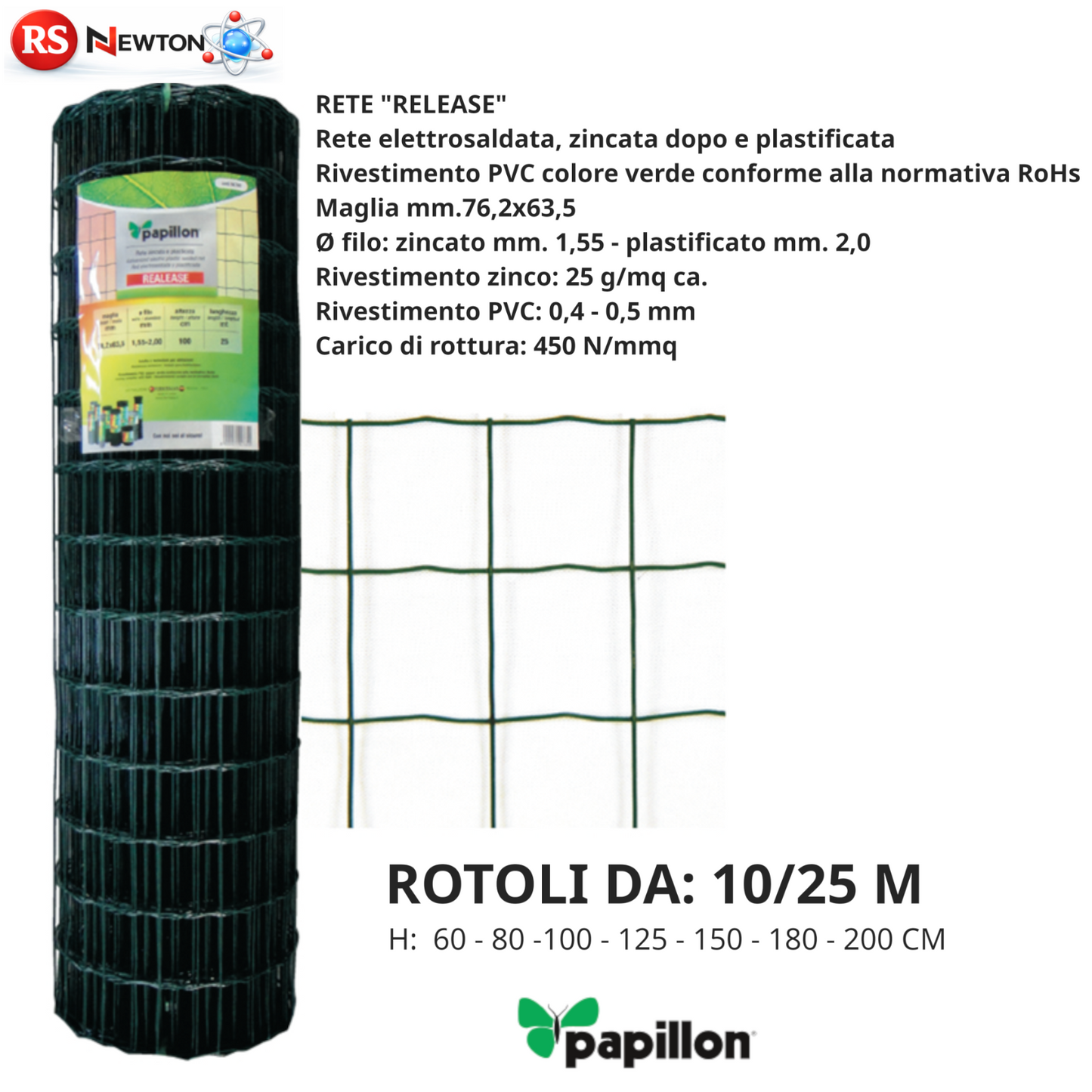 Rete Elettrosaldata Zincata Plastificata Verde Recinzione Giardino 10/25M VBS