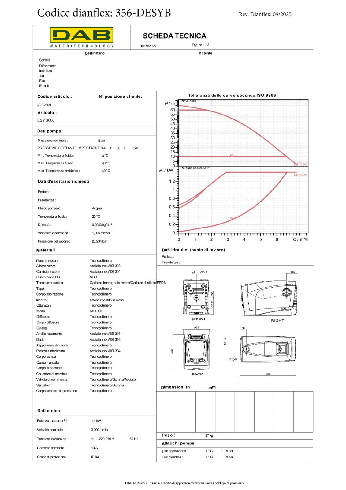 Sistema Pressurizzazione Acqua DAB 1,4 kW 1,9 HP Autoadescante Inverter 8Bar D.X