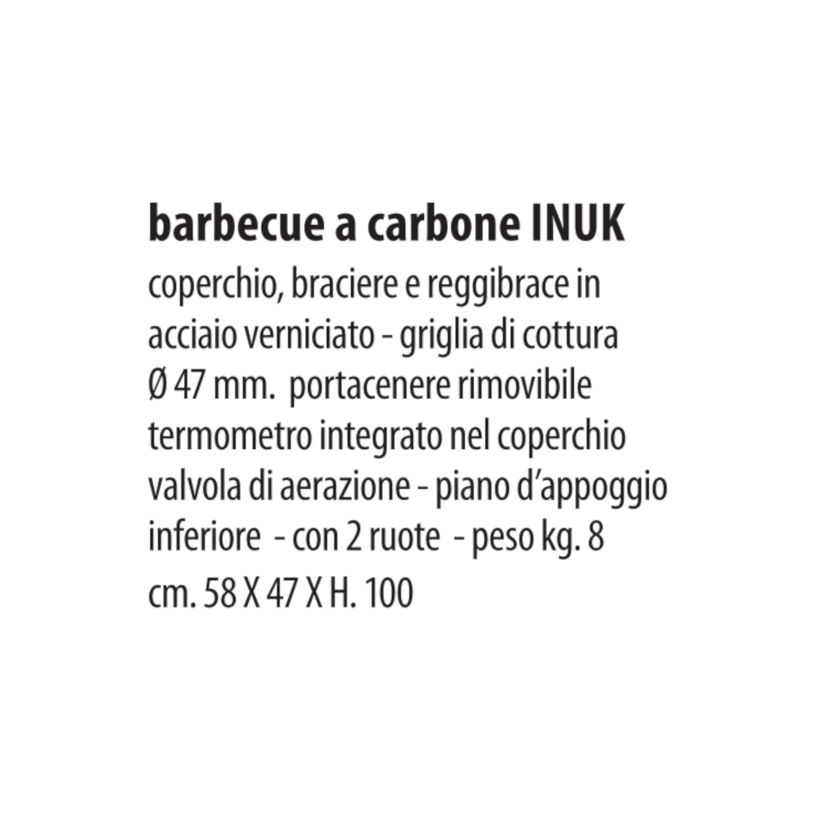 Barbecue a Carbone in Acciaio Griglia Ø 47 mm BBQ con Ruote 58x47xH.100 cm VBS