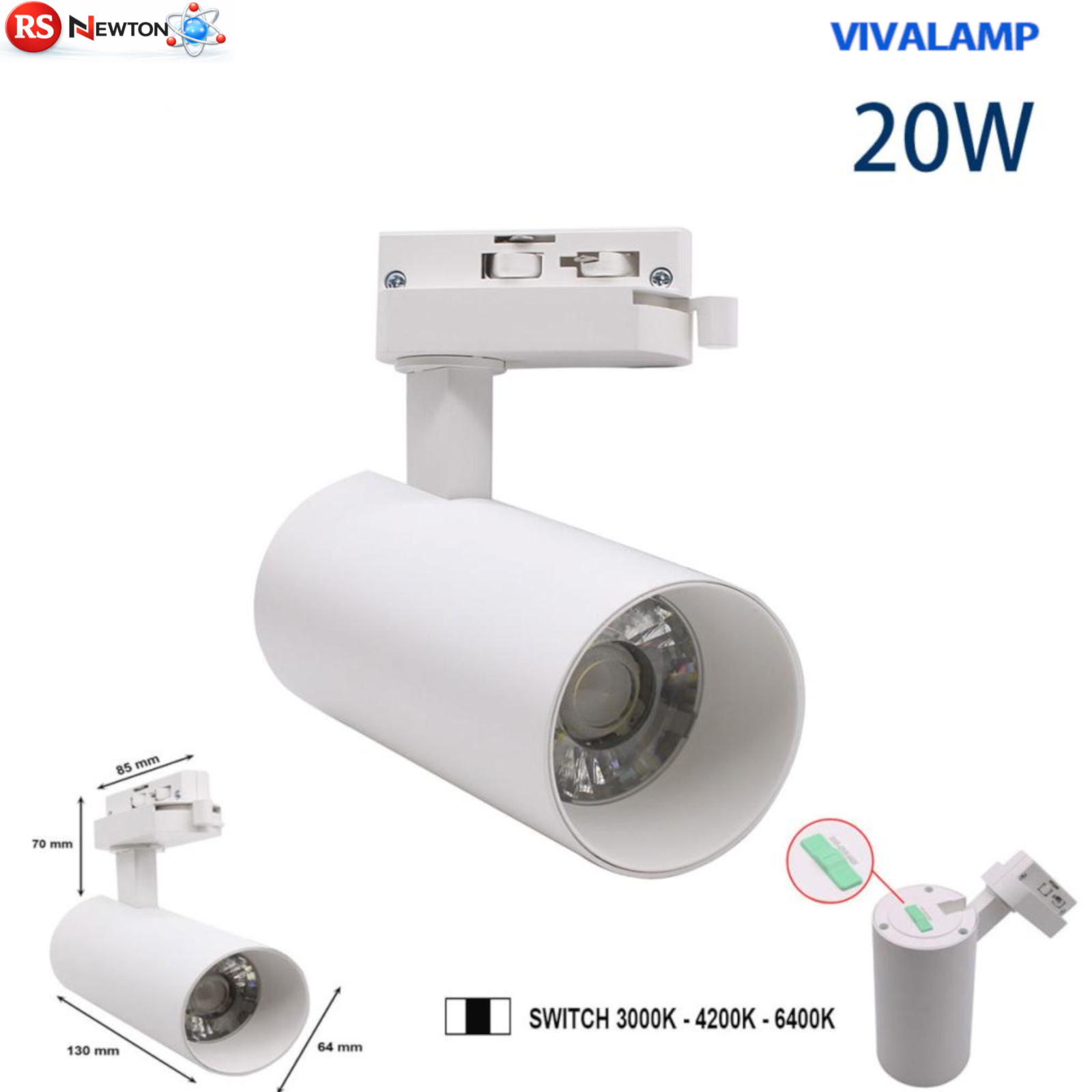 Faretto LED Binario Bianco Monofase 20W 1800lm CCT 3000K 4200K 6400K Negozio V.L