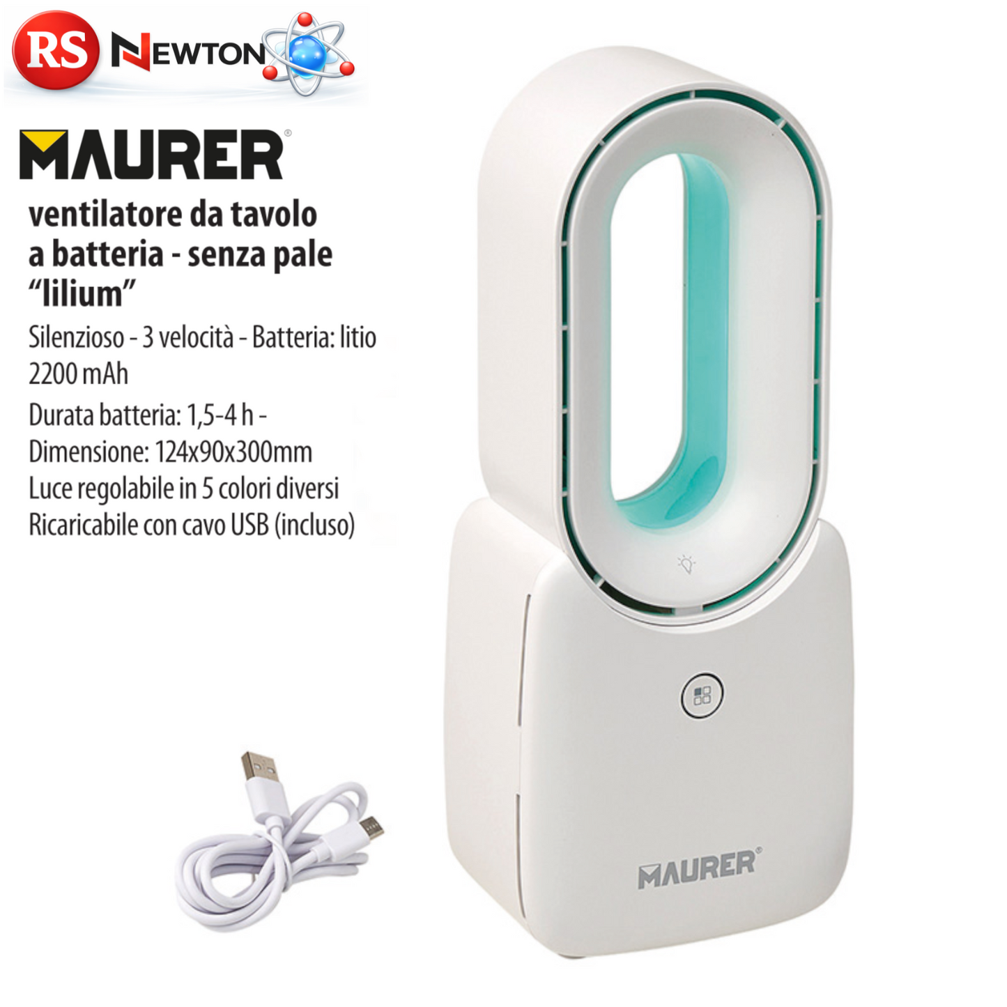 VENTILATORE DA TAVOLO USB RICARICABILE BATTERIA 2200mAh SILENZIOSO LED RGB VBS