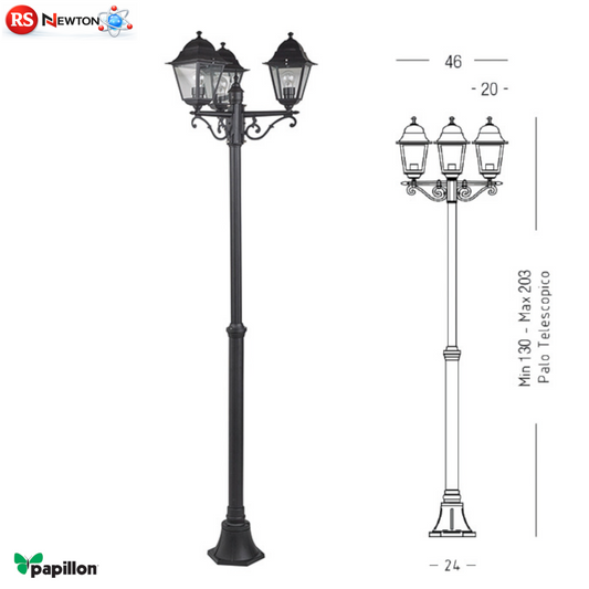 Lampione 3 Luci Lanterne CHARME Palo Telescopico H103-203cm Nero Giardino VBS