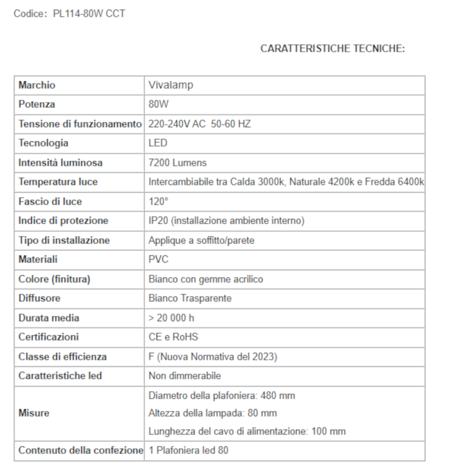 Plafoniera LED 80W 7200Lm CCT Cristallo 3000K 4200K 6400K Rotonda Bianca V.L
