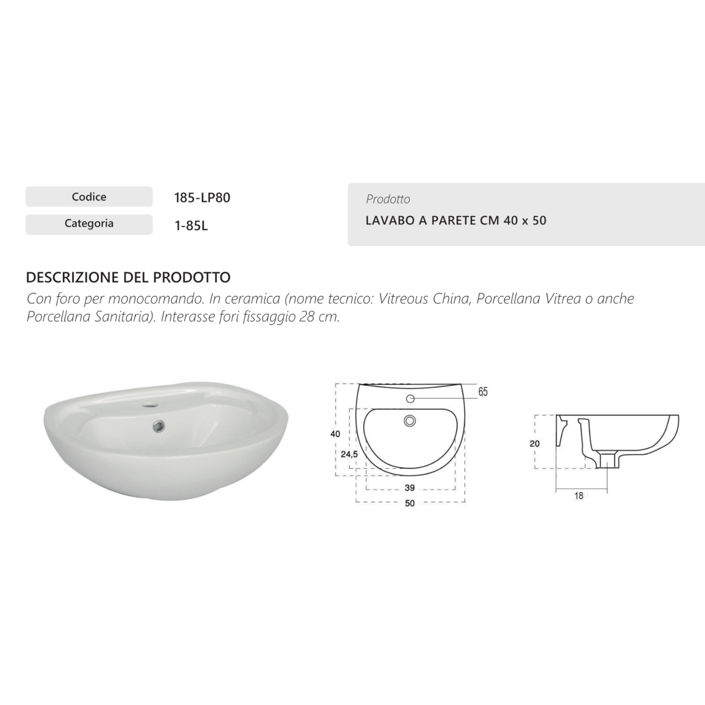Lavabo a Parete 40x50 cm LINPHA Ceramica Foro Monocomando Moderno Bagno D.X