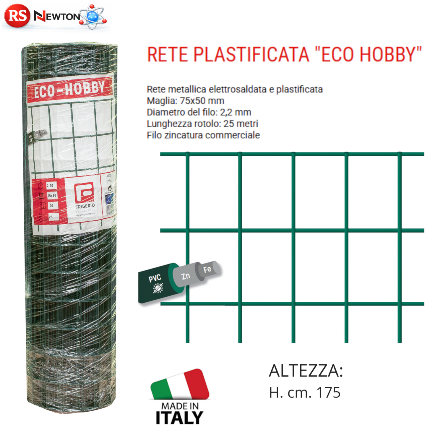 Rete Plastificata 25 M H 175cm Maglia 75x50 Recinzione Zincata Giardino VBS