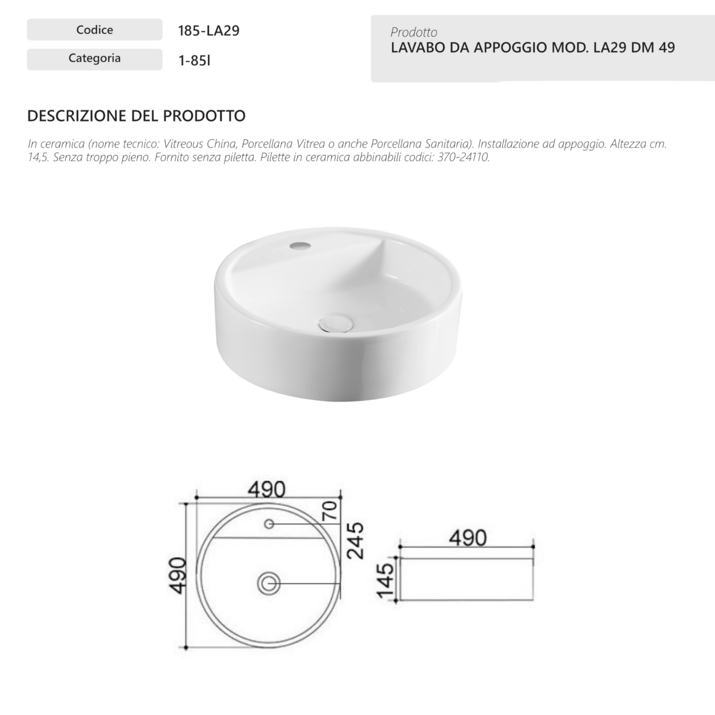 Lavabo Da Appoggio Ø49cm Linpha LA29 Ceramica Design Rotondo Elegante Bianco D.X