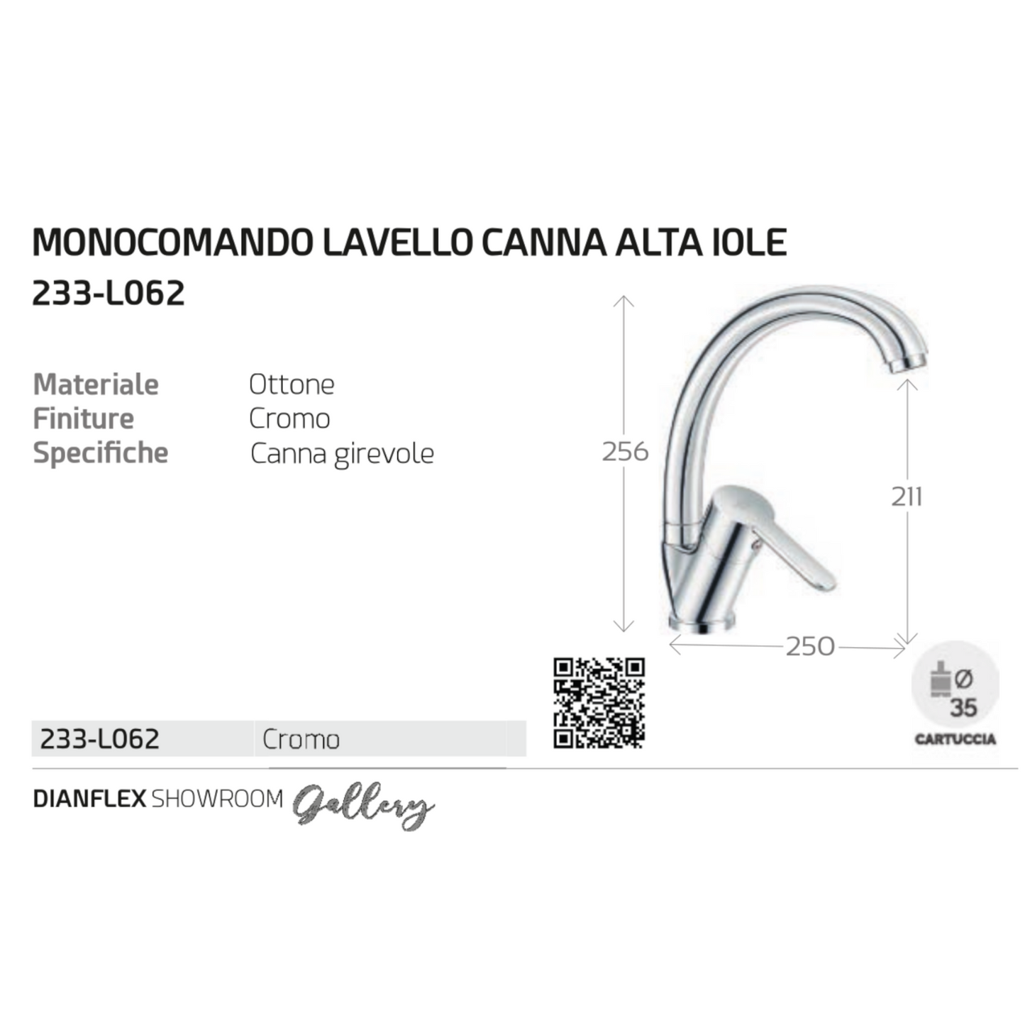 Miscelatore Rubinetto Lavello Cucina Canna Alta Ottone Cromato Serie IOLE D.X
