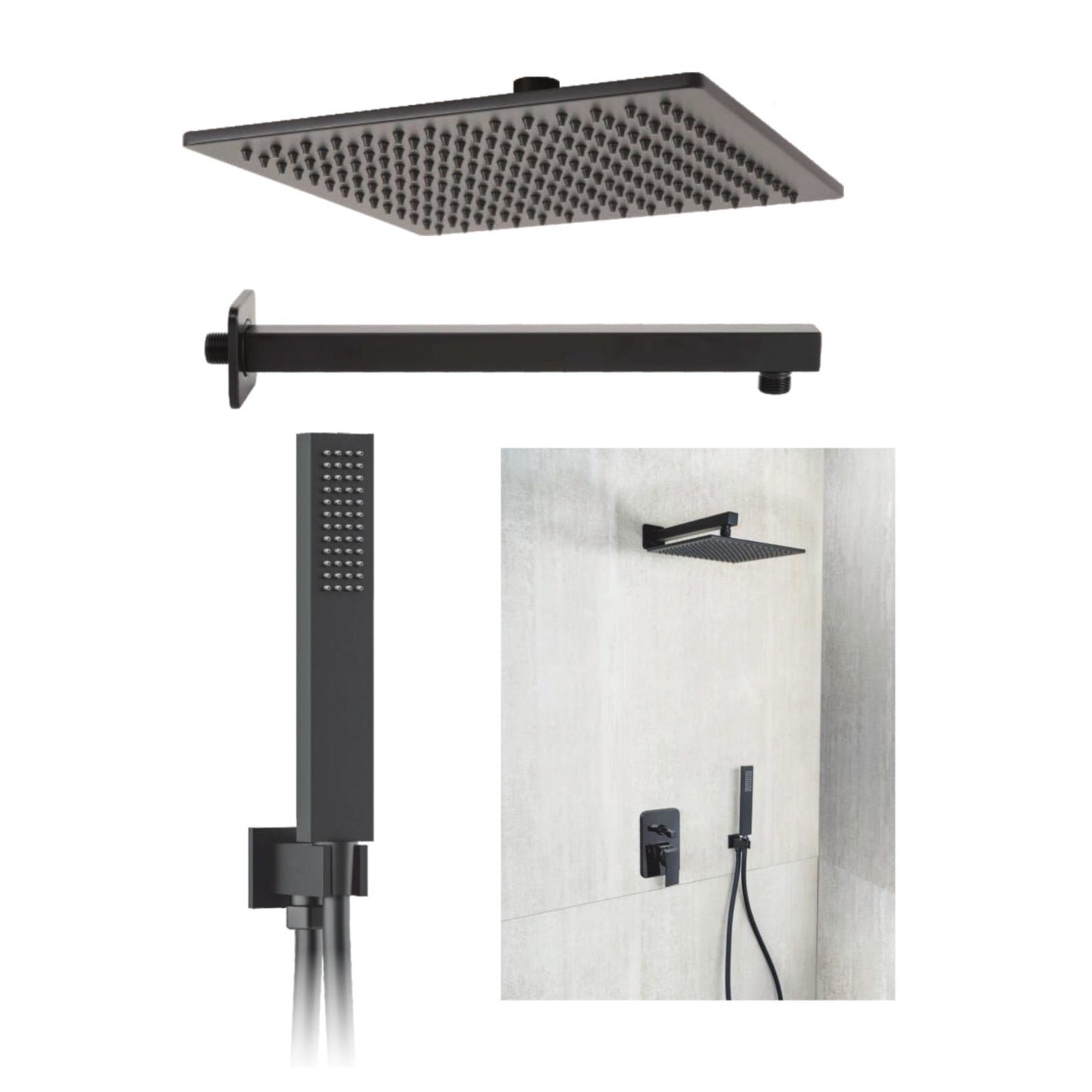 Set Doccia Completo Soffione Doccino Quadrato INOX 304 Nero Cromo Satinato D.X
