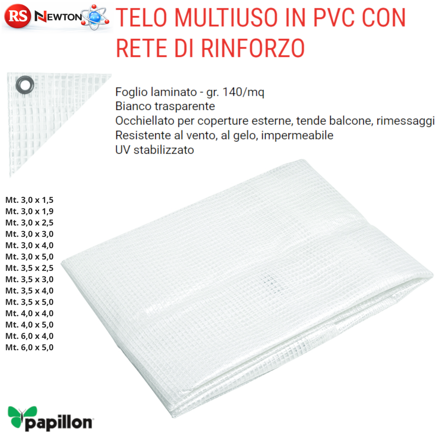 Telo Copritutto Multiuso Rinforzato PVC Trasparente Occhiellato Impermeabile VBS