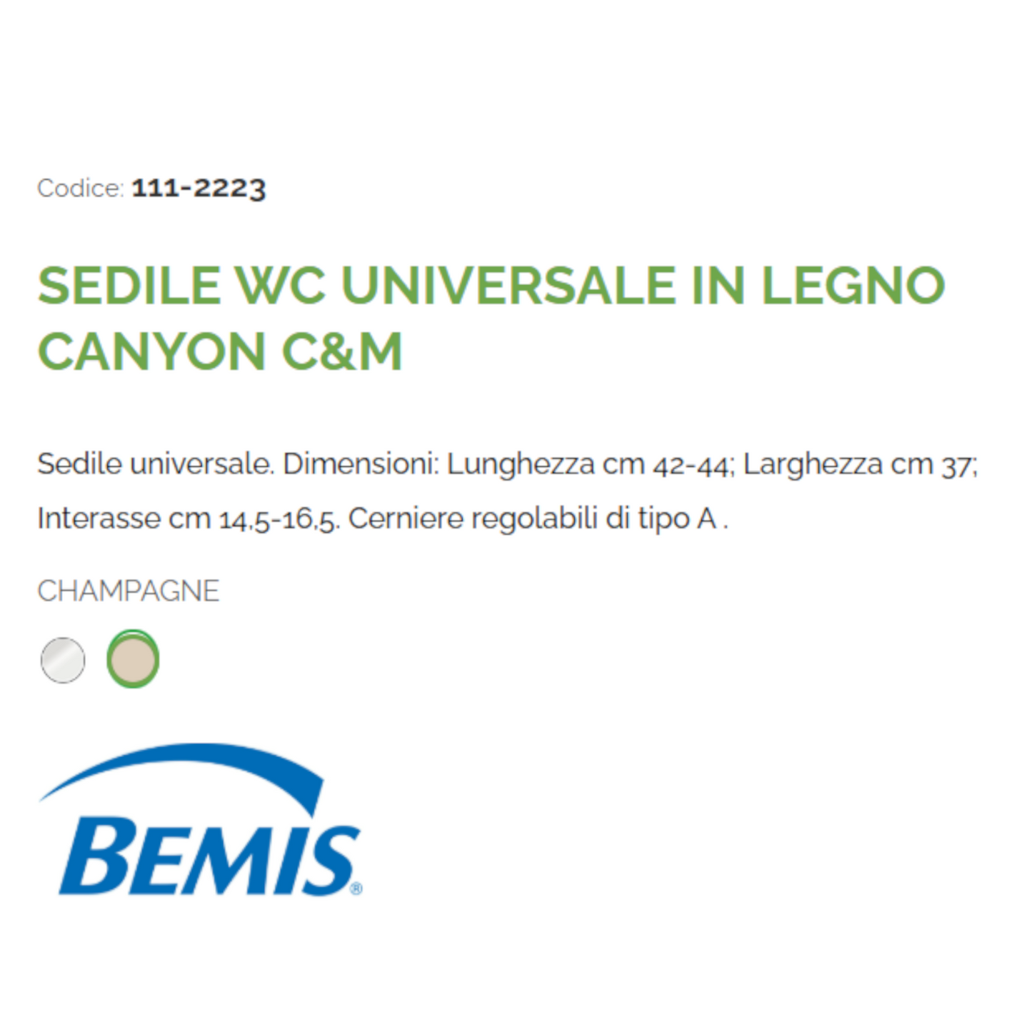 Sedile WC Universale BEMIS CeM in Legno Cerniere Regolabili Bianco Champagne D.X