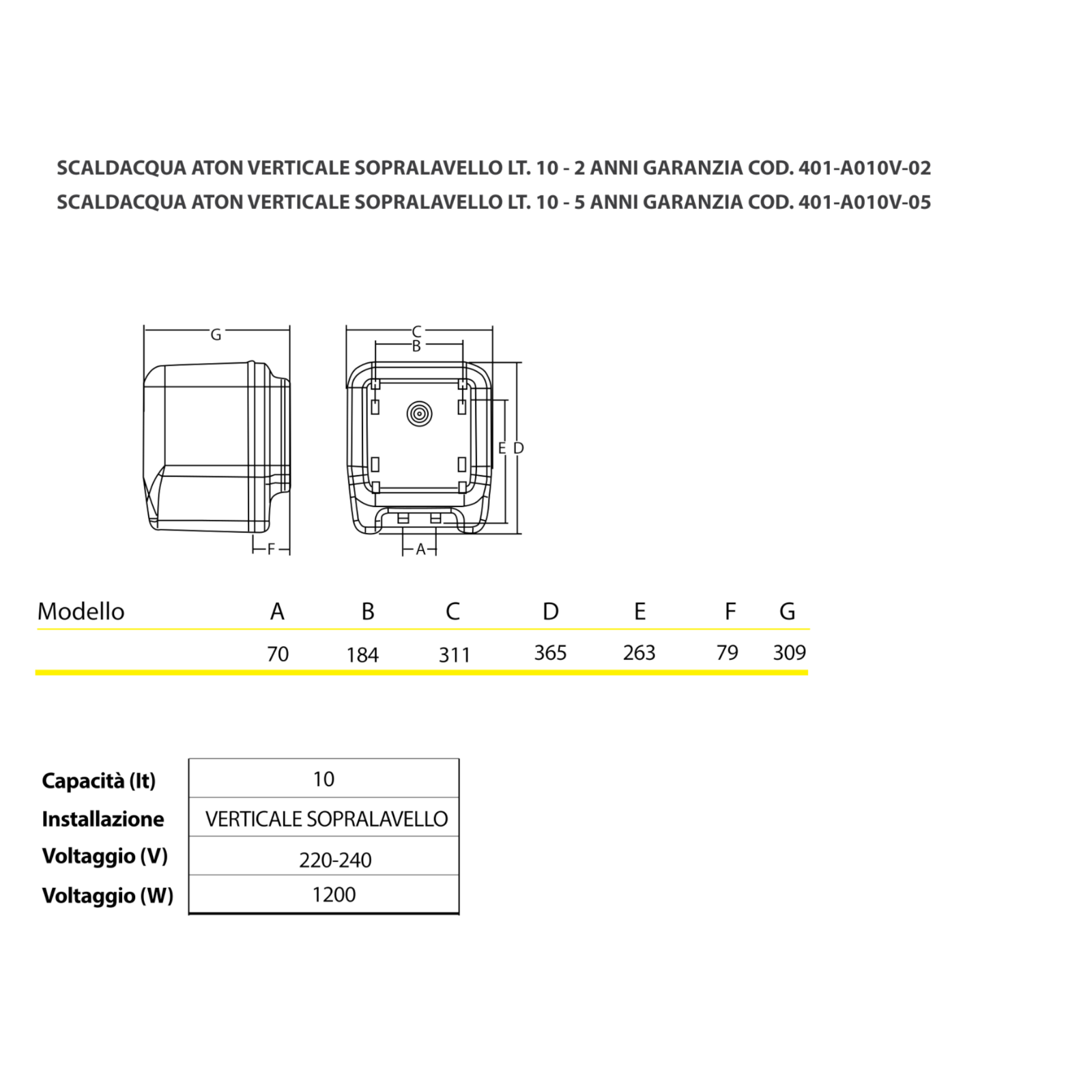 Scaldabagno Elettrico ATON 10 LT Sopralavello Verticale Boiler Acqua Calda D.X