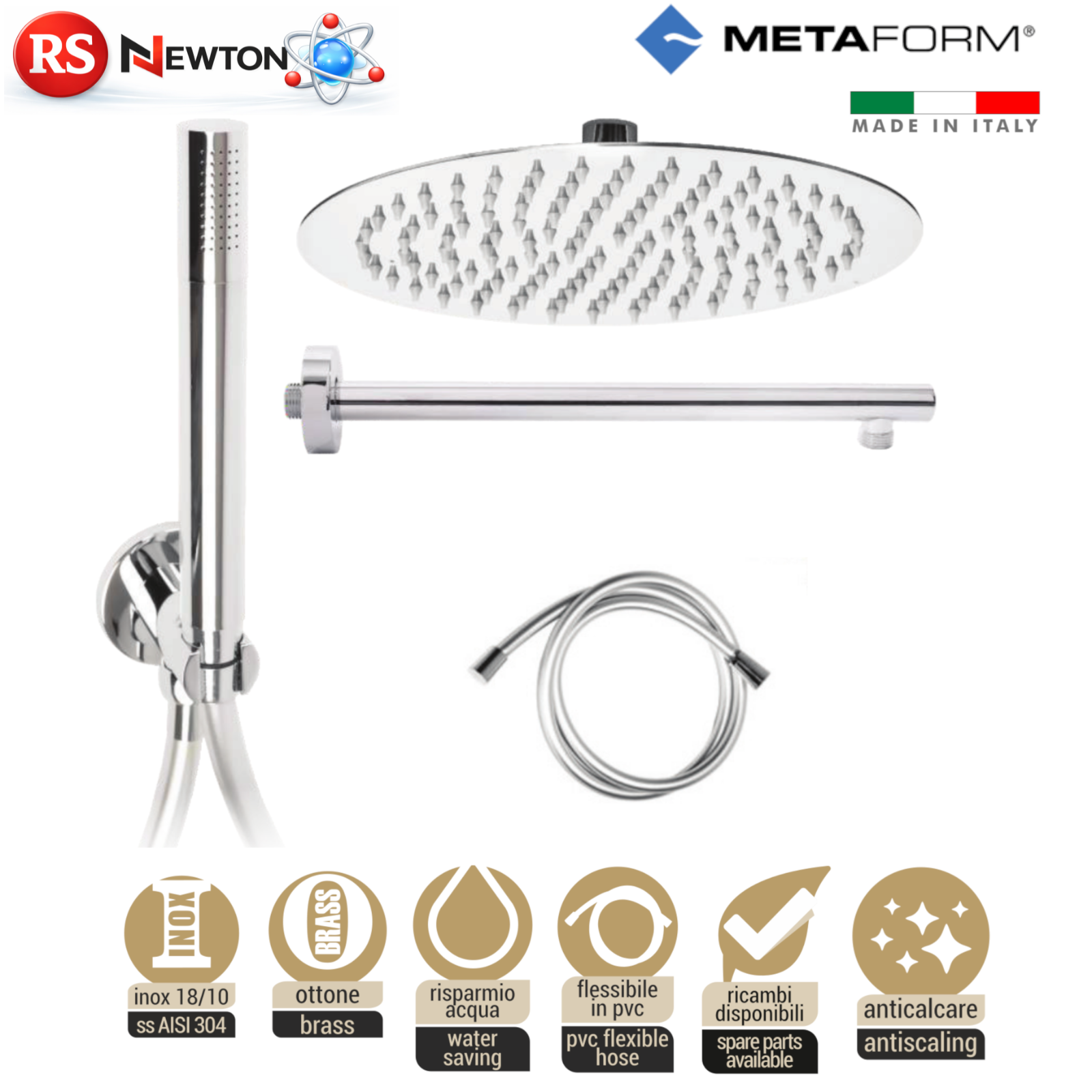 Kit Soffione Doccia Completo TONDO Acciaio Inox AISI 304 Ottone Cromato D.X