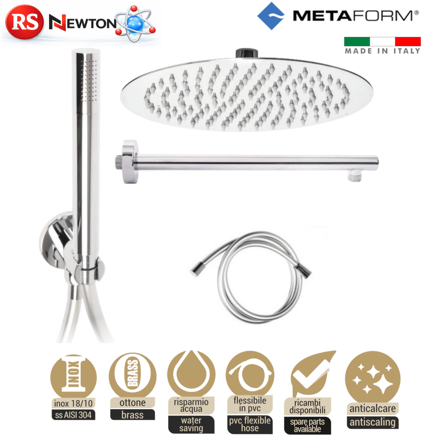 Kit Soffione Doccia Completo TONDO Acciaio Inox AISI 304 Ottone Cromato D.X