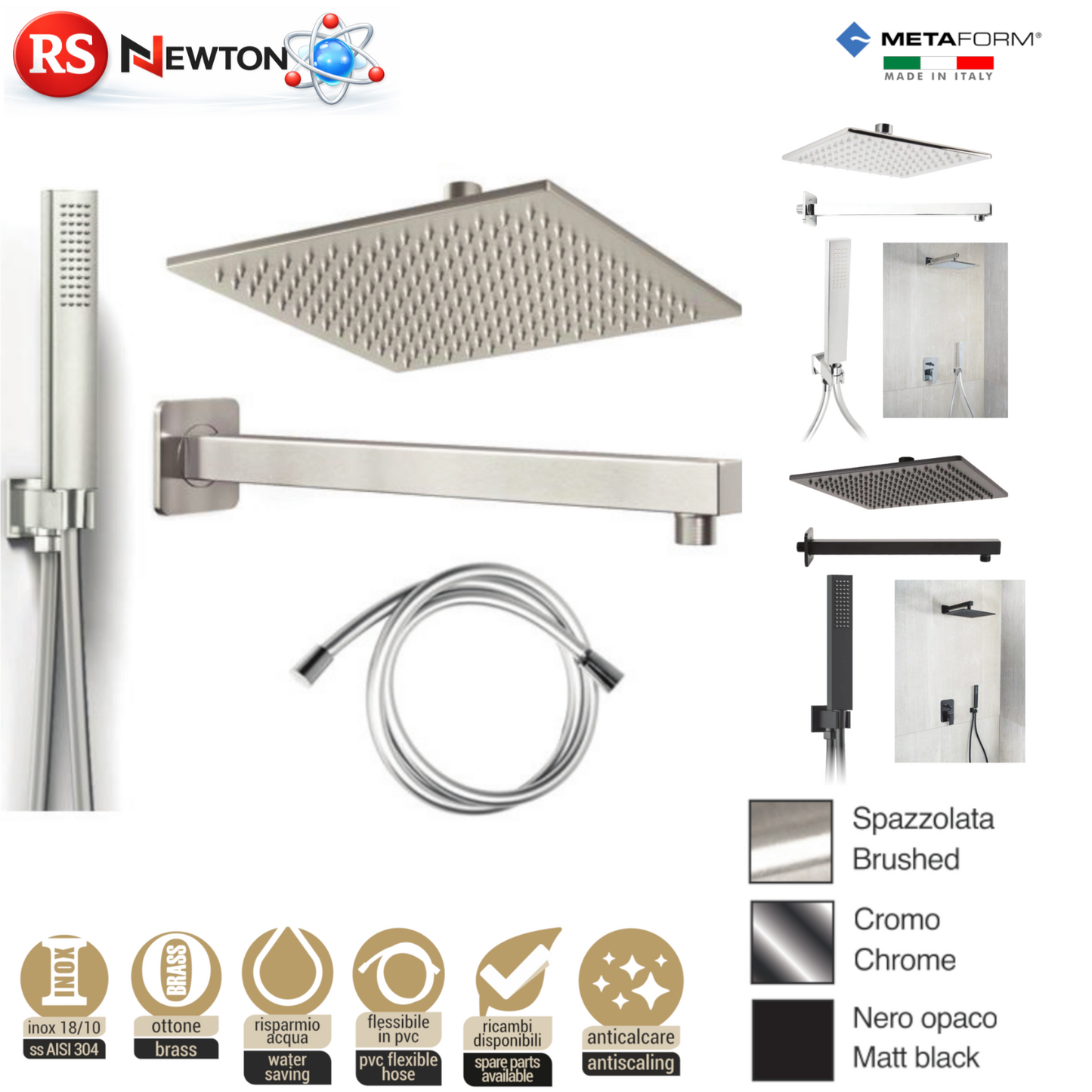 Set Doccia Completo Soffione Doccino Quadrato INOX 304 Nero Cromo Satinato D.X