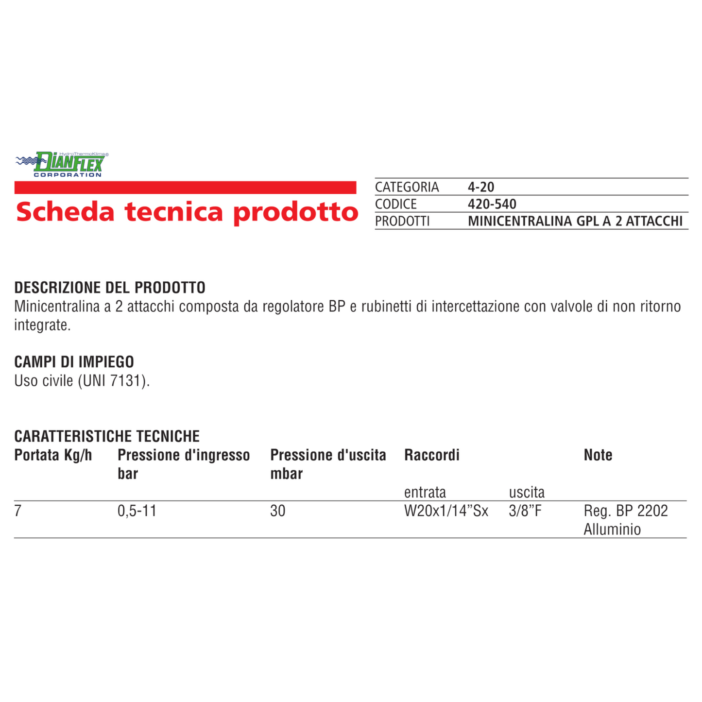 Mini Centralina Gas GPL 2 Attacchi NOVACOMET Compatta con Regolatore 4 kg/h D.X