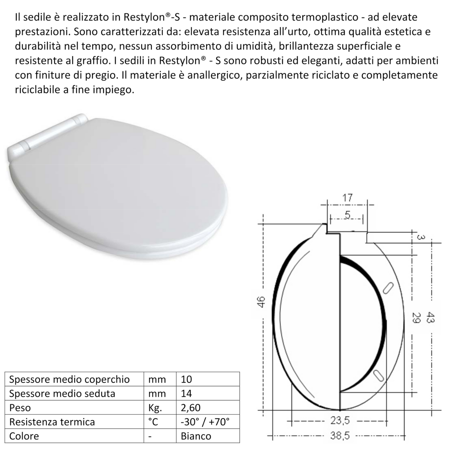 Sedile Wc Copriwater Bi-Componete Tavoletta Vaso Universale Bianco Bagno D.X