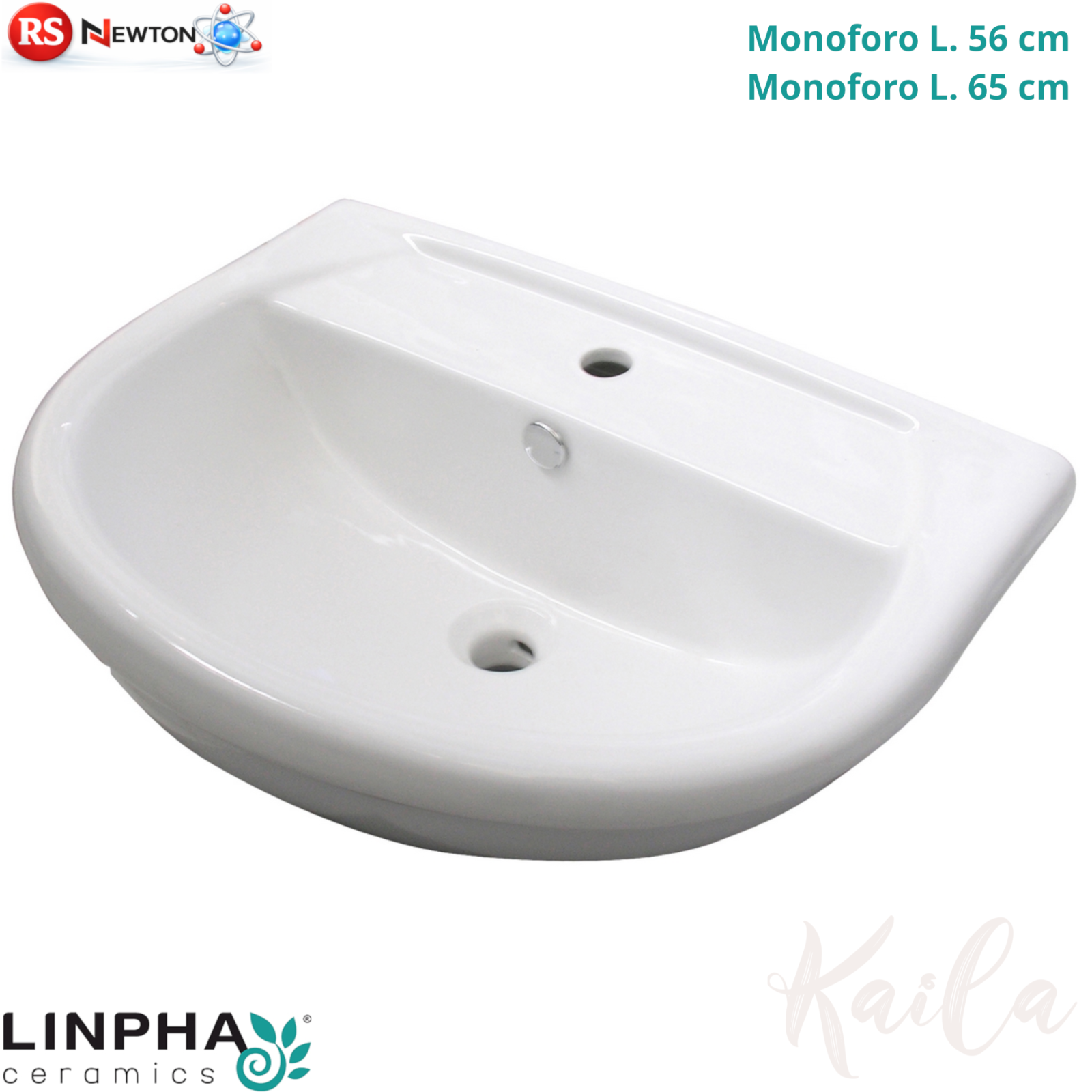 Lavabo Bagno LINPHA Kaila 56 65 cm Ceramica Monoforo Sospeso Senza Colonna D.X