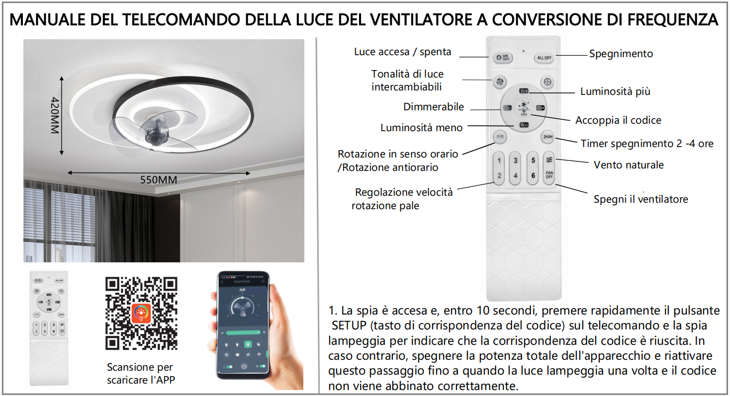 Plafoniera LED con Ventilatore 68W 55cm Dimmerabile Telecomando 3 Luci V.L