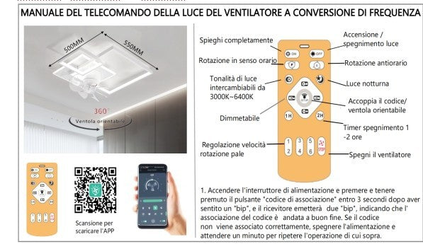 Plafoniera LED Ventilatore 78W Rombi Dimmerabile Telecomando APP Motore DC V.L