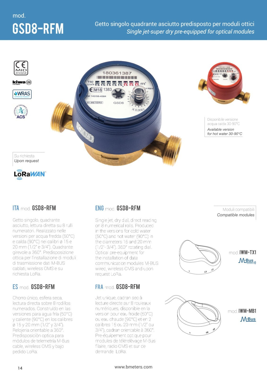 Contatore Acqua Fredda Quadrante Asciutto 1/2 3/4 360 Predisposizione Moduli D.X
