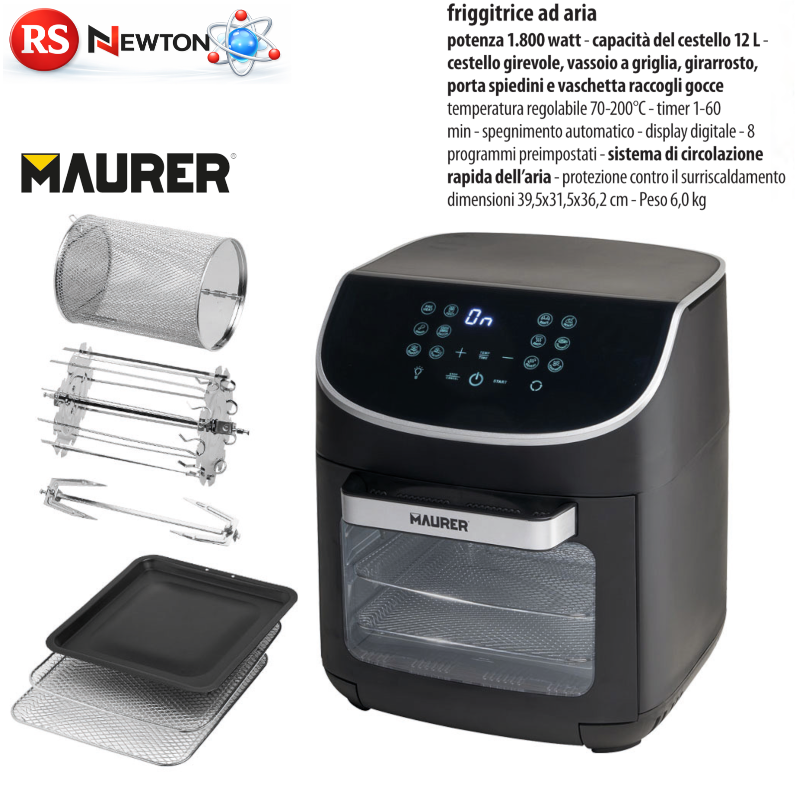 Friggitrice ad Aria 12L XXL 1800W FORNO GIRARROSTO DIGITALE Senza olio VBS