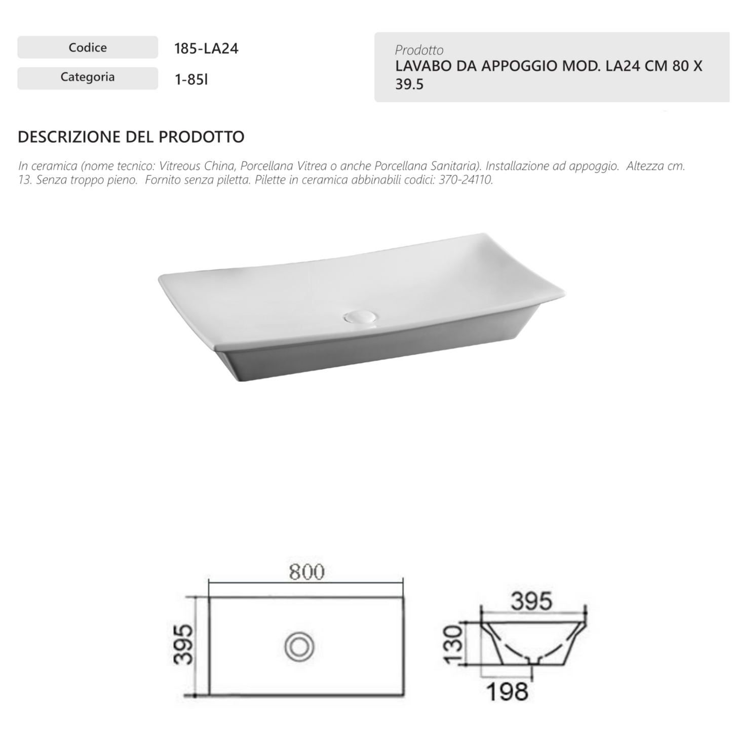 Lavabo Da Appoggio Rettangolare Bagno LINPHA 80x39,5 Ceramica Moderno Bianco D.X
