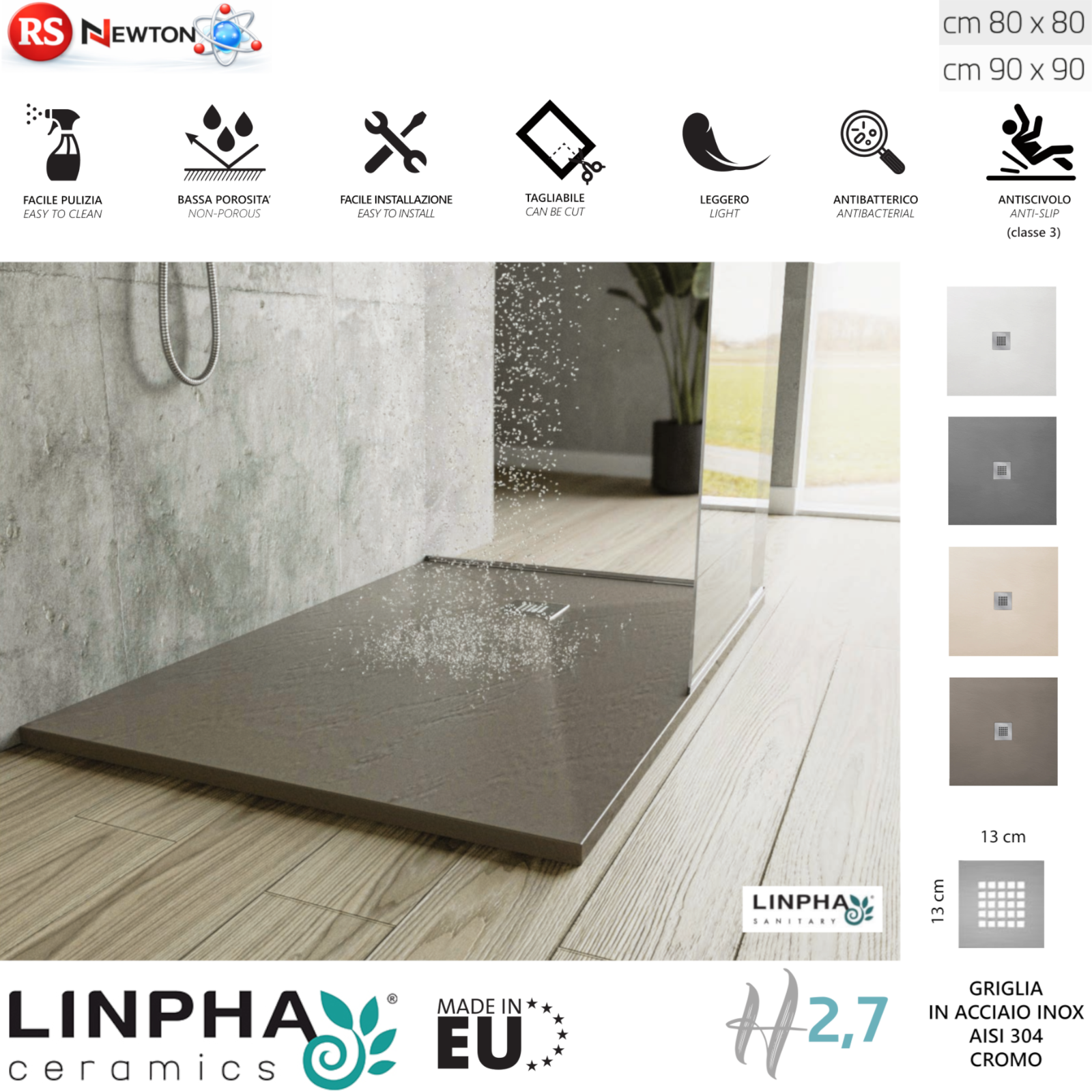 Piatto Doccia Quadrato 80x80 90x90 LINPHA Resina Effetto Ardesia Antiscivolo D.X