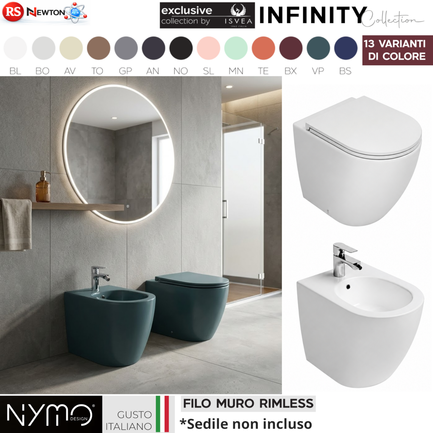 Sanitari Bagno Filo Muro Moderno NYMO INFINITY Vaso WC Bidet Water Elegante D.X