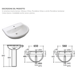 Lavabo Bagno LINPHA Kaila 56 65 cm Ceramica Monoforo Sospeso Senza Colonna D.X