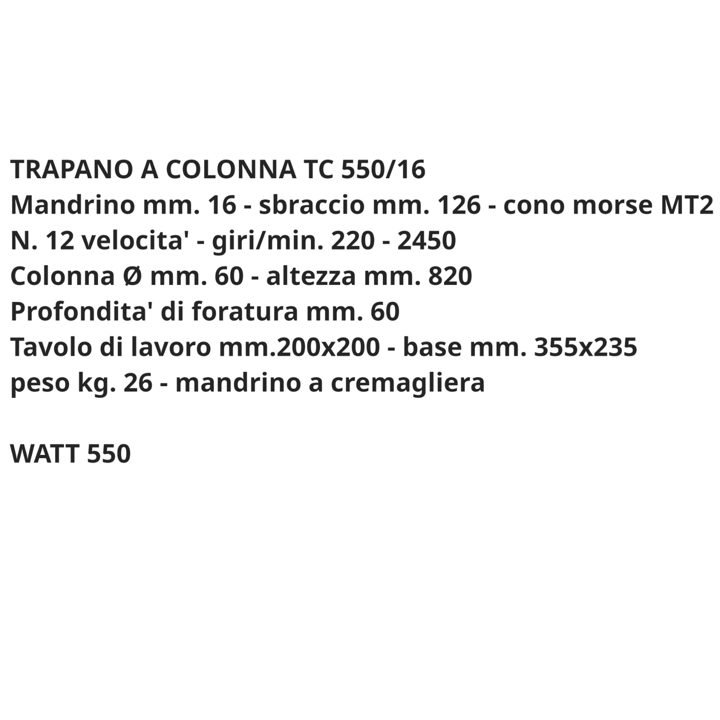 Trapano A Colonna 550W 16mm Professionale 12 Velocità Banco Foratura MT2 VBS