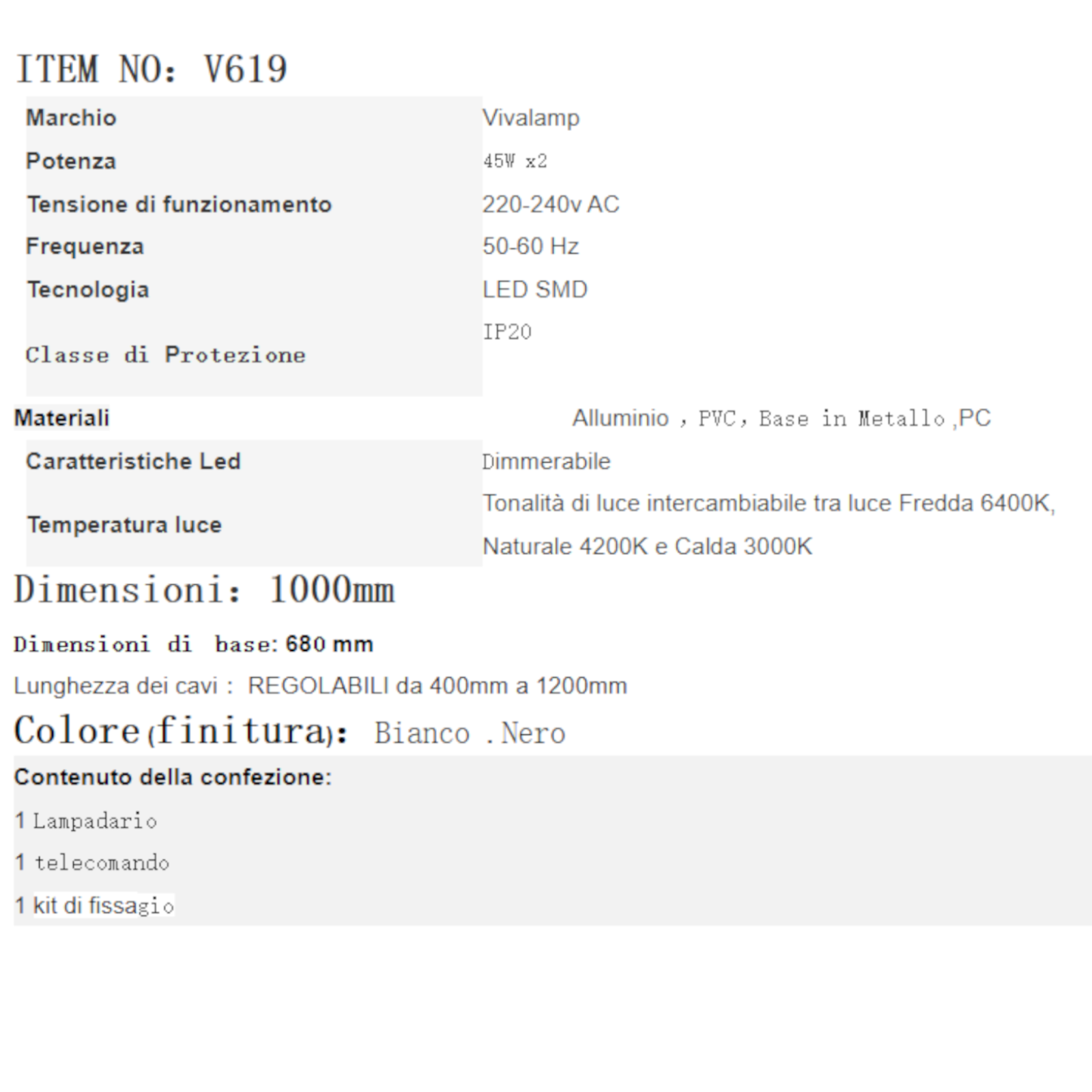 Lampadario LED 90W Dimmerabile Telecomando Moderno Bianco Nero Regolabile V.L