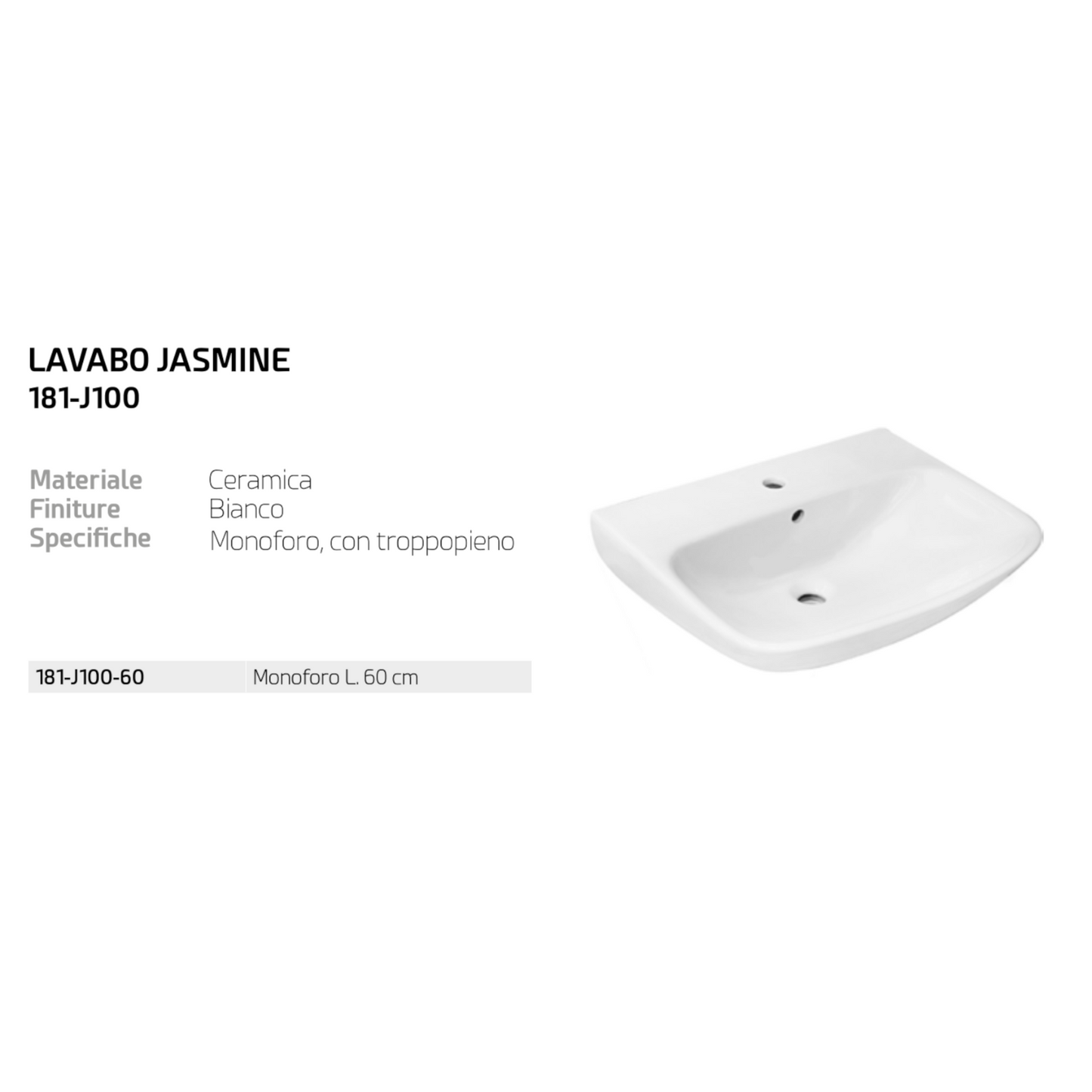Lavabo Lavandino Bagno 60cm e Colonna 65cm LINPHA Jasmine Ceramica Monoforo D.X