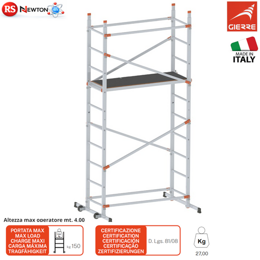 Trabattello Professionale GIERRE H 4M Ponteggio Alluminio con Ruote 150Kg VBS