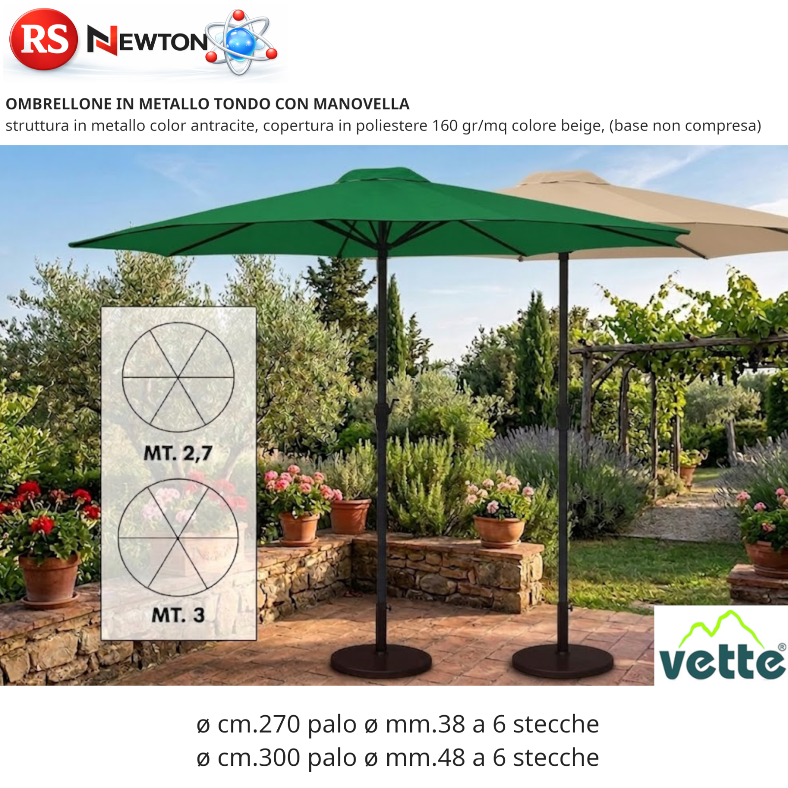 OMBRELLONE Da Giardino Patio Tondo 270 300 cm in Metallo Con Manovella G.F
