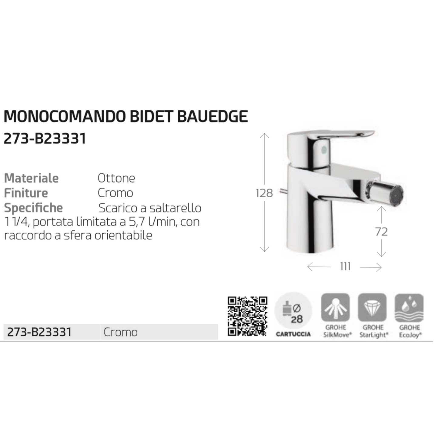 Rubinetto Miscelatore Bagno Lavabo Bidet Vasca Doccia Ottone GROHE BAUEDGE D.X