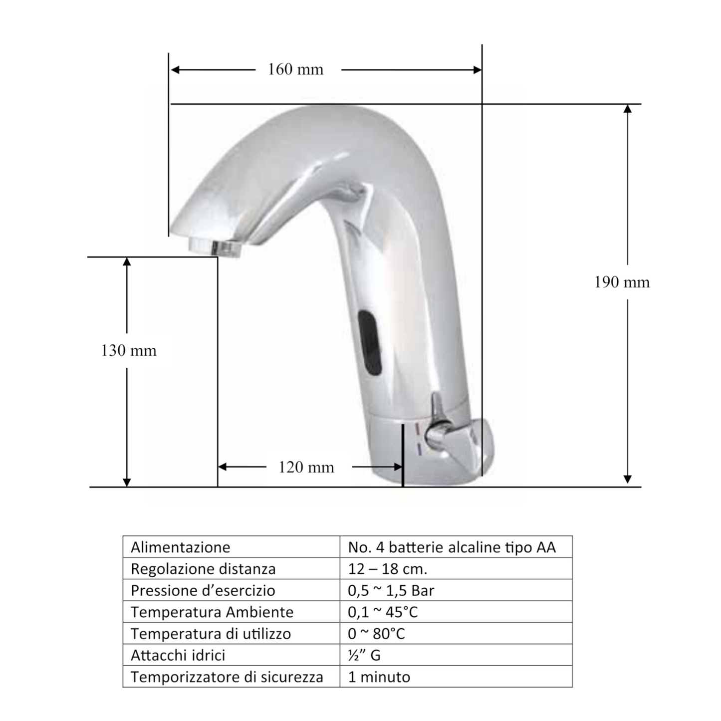 Rubinetto Elettrico Fotocellula Per Lavabo a Batteria Automatico HYDRALL D.X