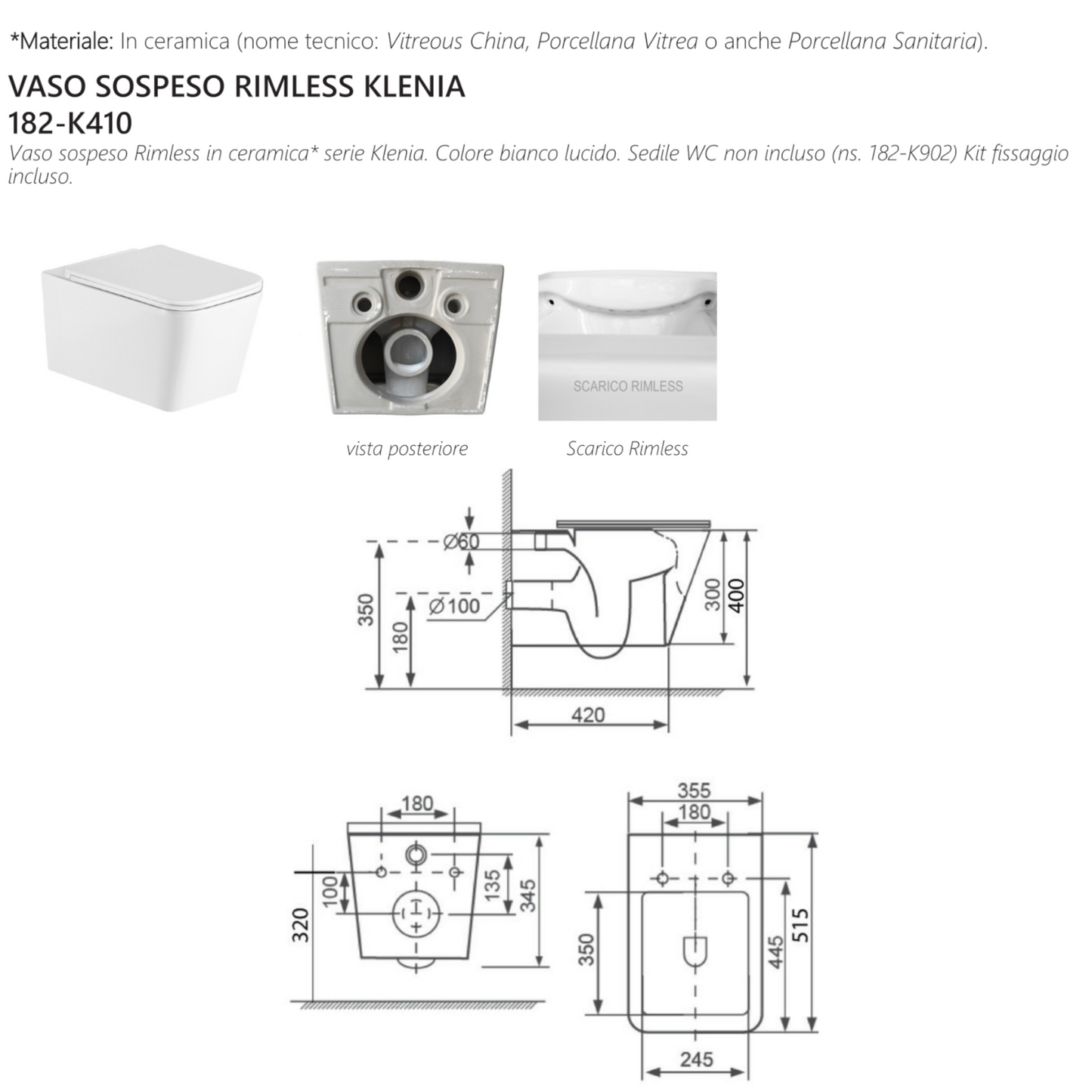 Sanitari Sospesi Rimless Bagno KLENIA Vaso WC Bidet Copri Water Soft Moderno D.X