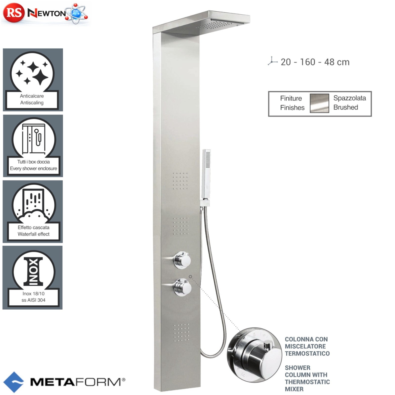 Pannello Doccia Con Miscelatore Termostatico PLUS in Acciaio INOX ASISI 304 D.X