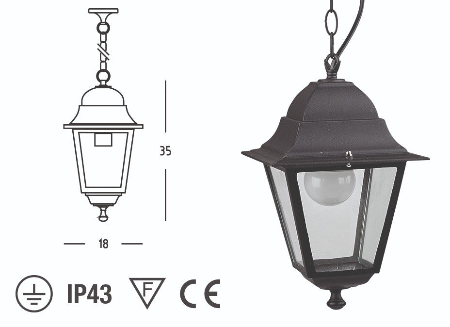 Lanterna Sospesa Esterno Vintage Lampada E27 Alluminio Nero Giardino H35 cm VBS