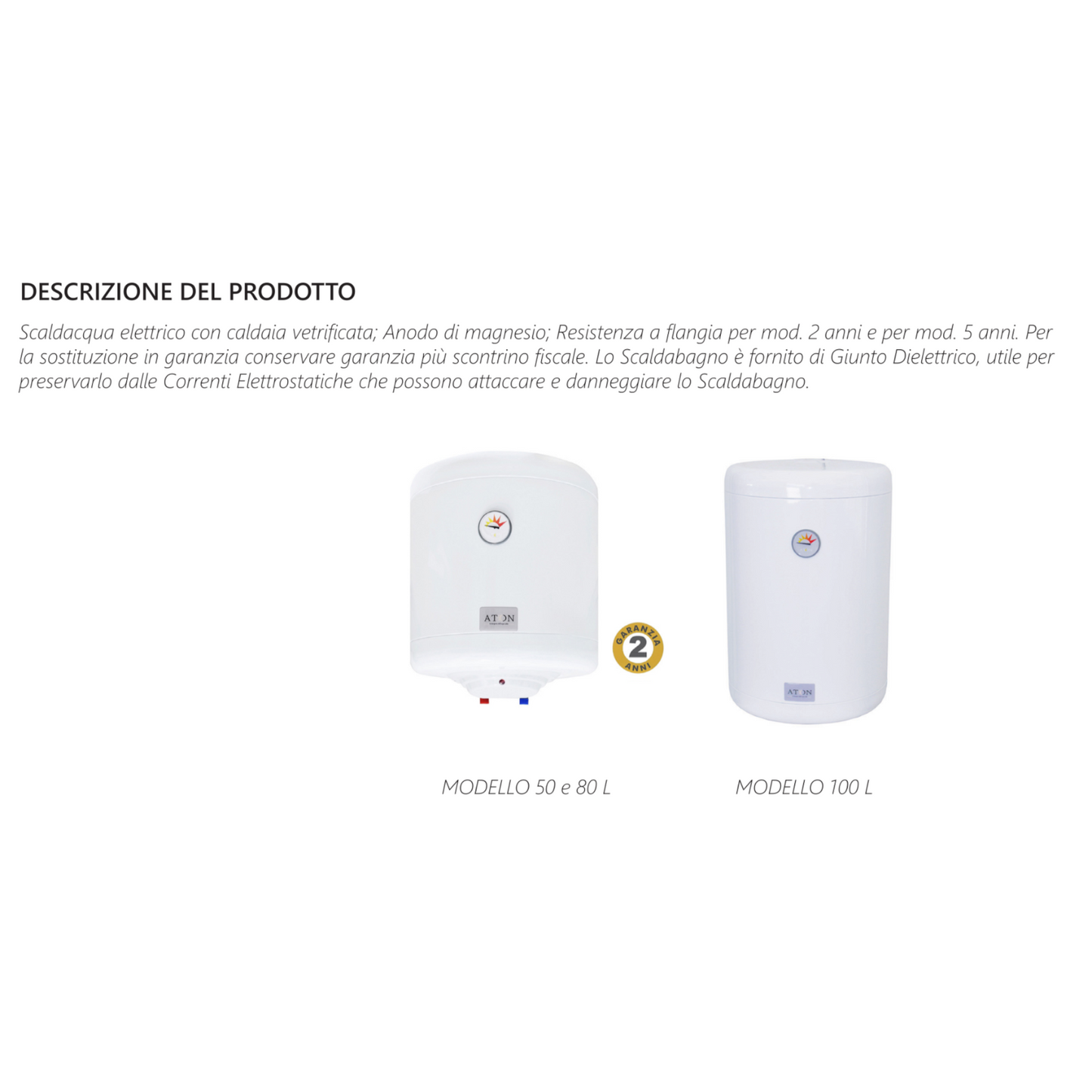 Scaldabagno Elettrico ATON 50 80 100 Litri Verticale Boiler Acqua Calda Casa D.X