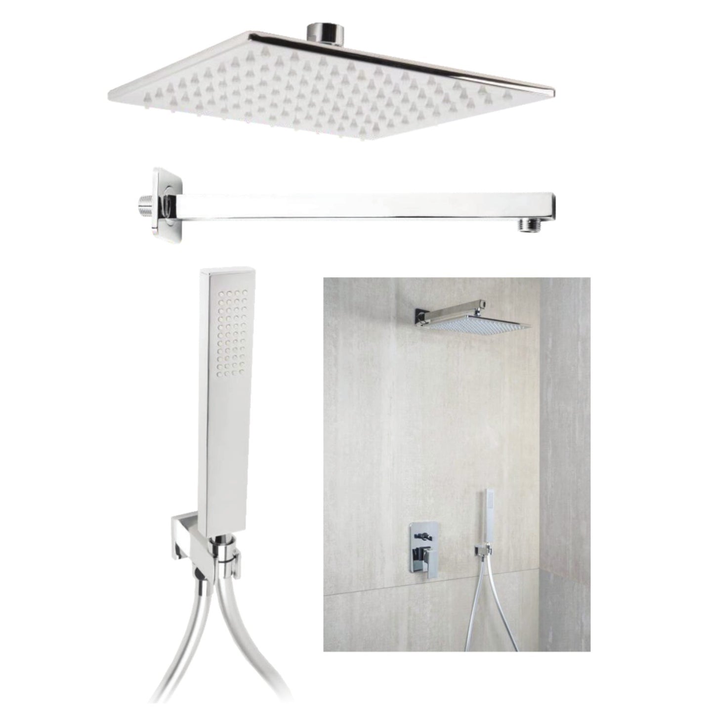 Set Doccia Completo Soffione Doccino Quadrato INOX 304 Nero Cromo Satinato D.X