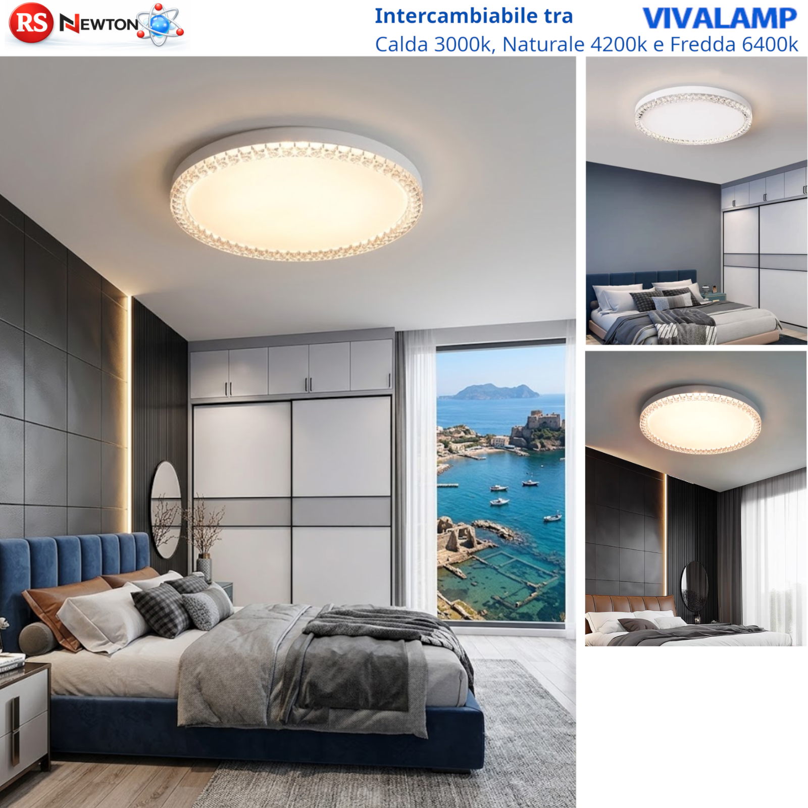Plafoniera LED 80W 7200Lm CCT Cristallo 3000K 4200K 6400K Rotonda Bianca V.L