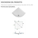 Piatto Doccia Angolare Ceramica Bianco 80x80 H6 R52 Foro90 Slim Bagno Doccia D.X